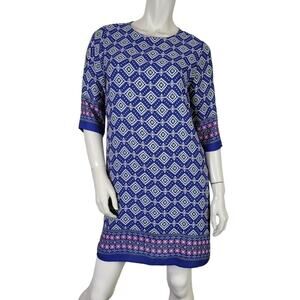 Everly SZ M Shift Dress Blue White Half Sleeve Boho Tribal Aztec Lightweight